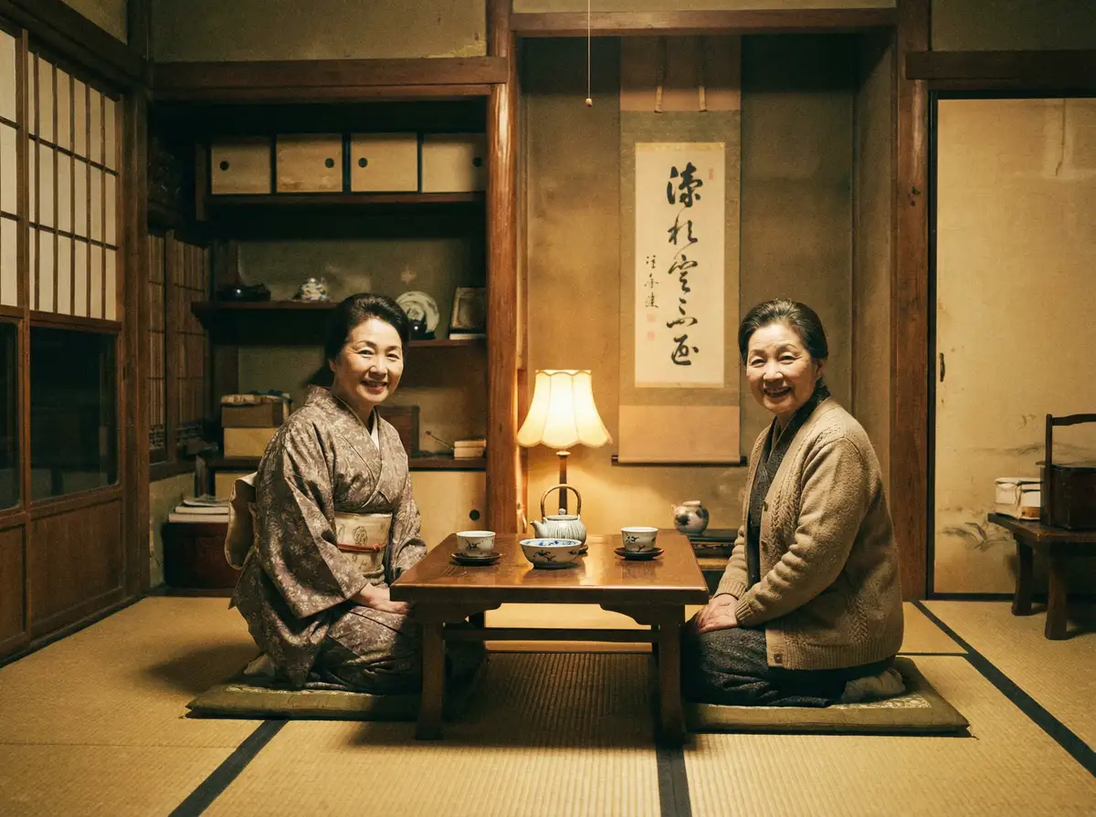 两位优雅的 撸撸杜 在日式茶室中品茶交谈